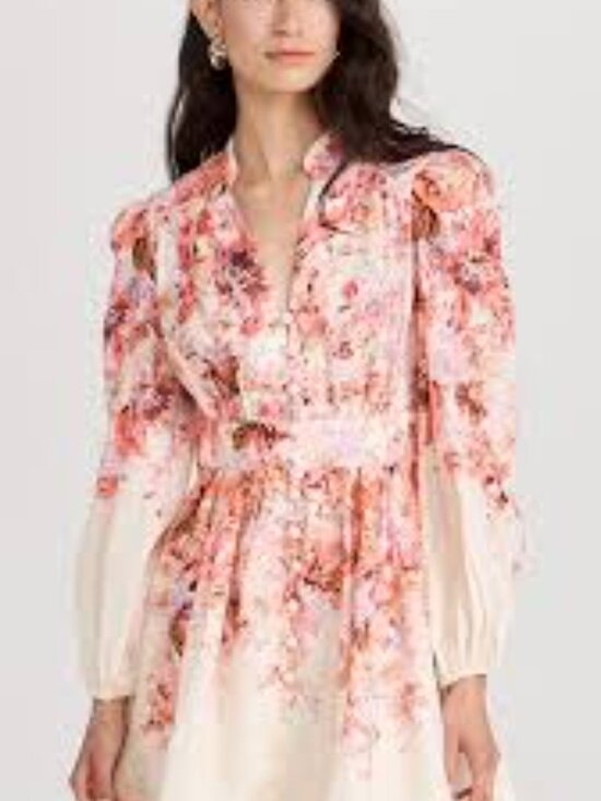 Zimmermann Cream Pink Floral Print Button Front Mini Dress Size 2 Linen Blend